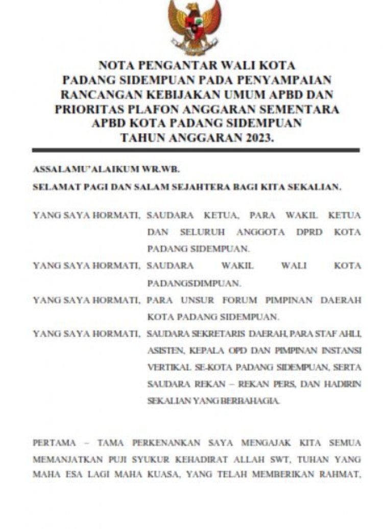 NOTA PENGANTAR WALIKOTA PSP KUA - PPAS - RANCANGAN APBD - 2023