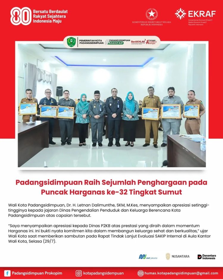Padangsidimpuan Raih Sejumlah Penghargaan pada Puncak Harganas ke-32 Tingkat Sumut