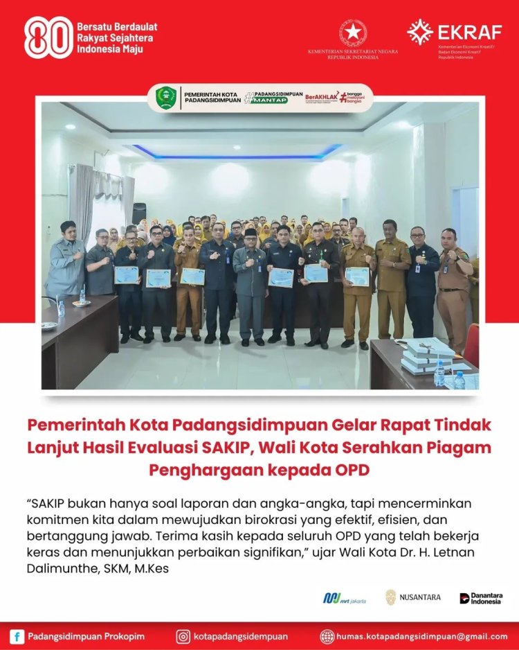 Pemko Padangsidimpuan Gelar Rapat Tindak Lanjut Evaluasi SAKIP 2024, Wali Kota Serahkan Penghargaan kepada OPD Berprestasi