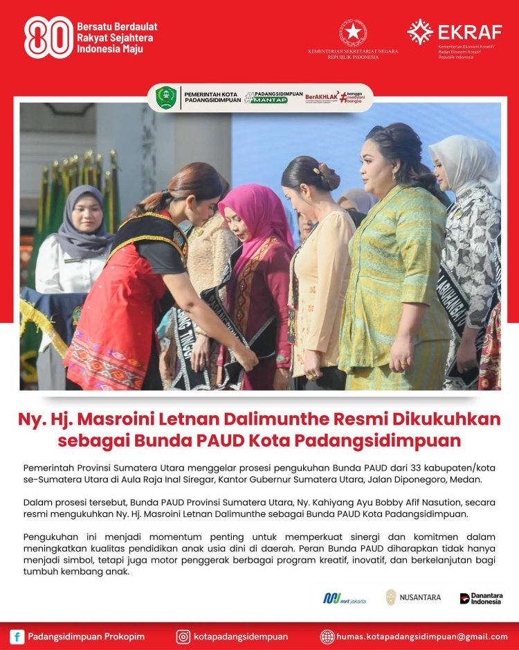 Ny. Hj. Masroini Letnan Dalimunthe Resmi Dikukuhkan sebagai Bunda PAUD Kota Padangsidimpuan