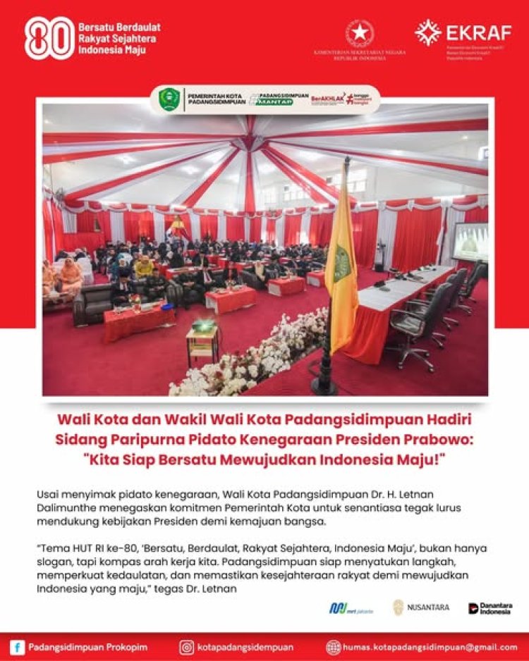 Wali Kota dan Wakil Wali Kota Padangsidimpuan Hadiri Sidang Paripurna Pidato Kenegaraan Presiden Prabowo: "Kita Siap Bersatu Mewujudkan Indonesia Maju!"