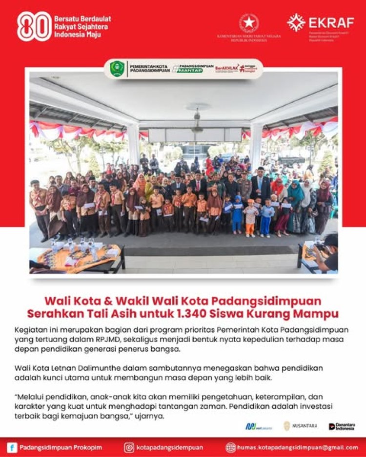 Wali Kota & Wakil Wali Kota Padangsidimpuan Serahkan Tali Asih untuk 1.340 Siswa Kurang Mampu