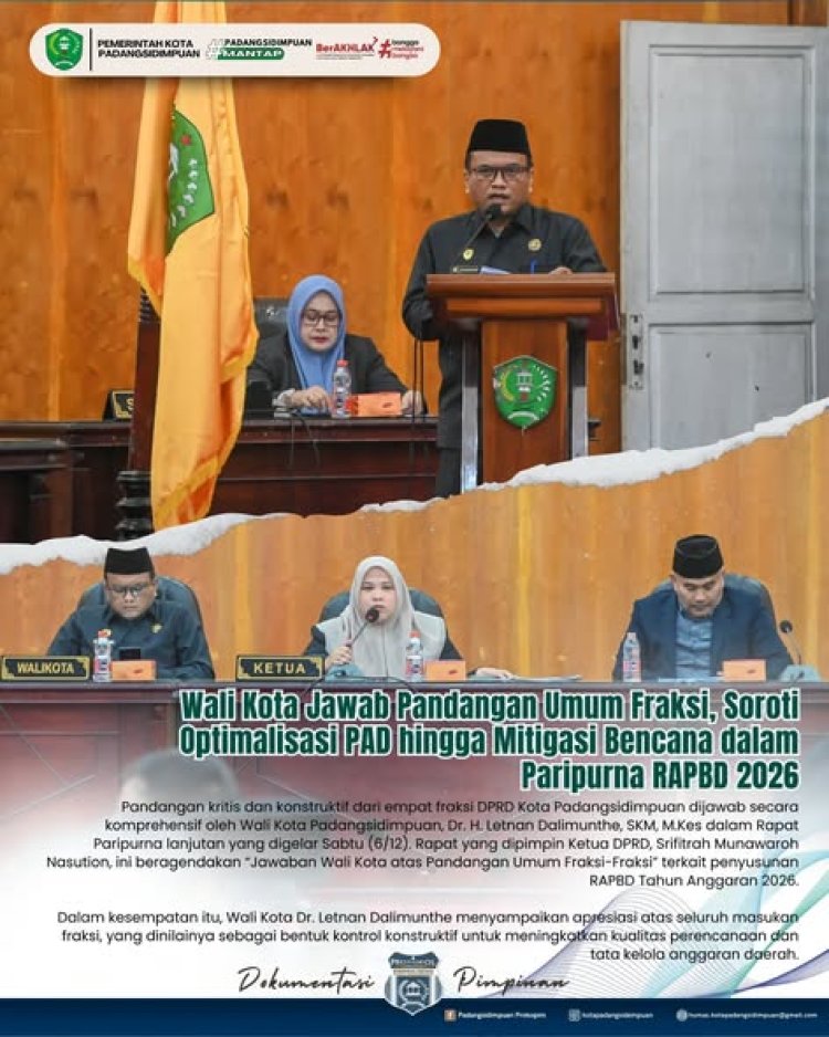 Fraksi Usulkan Optimalisasi PAD hingga Mitigasi Bencana, Wali Kota Jawab Pandangan Umum Fraksi dalam Paripurna RAPBD 2026