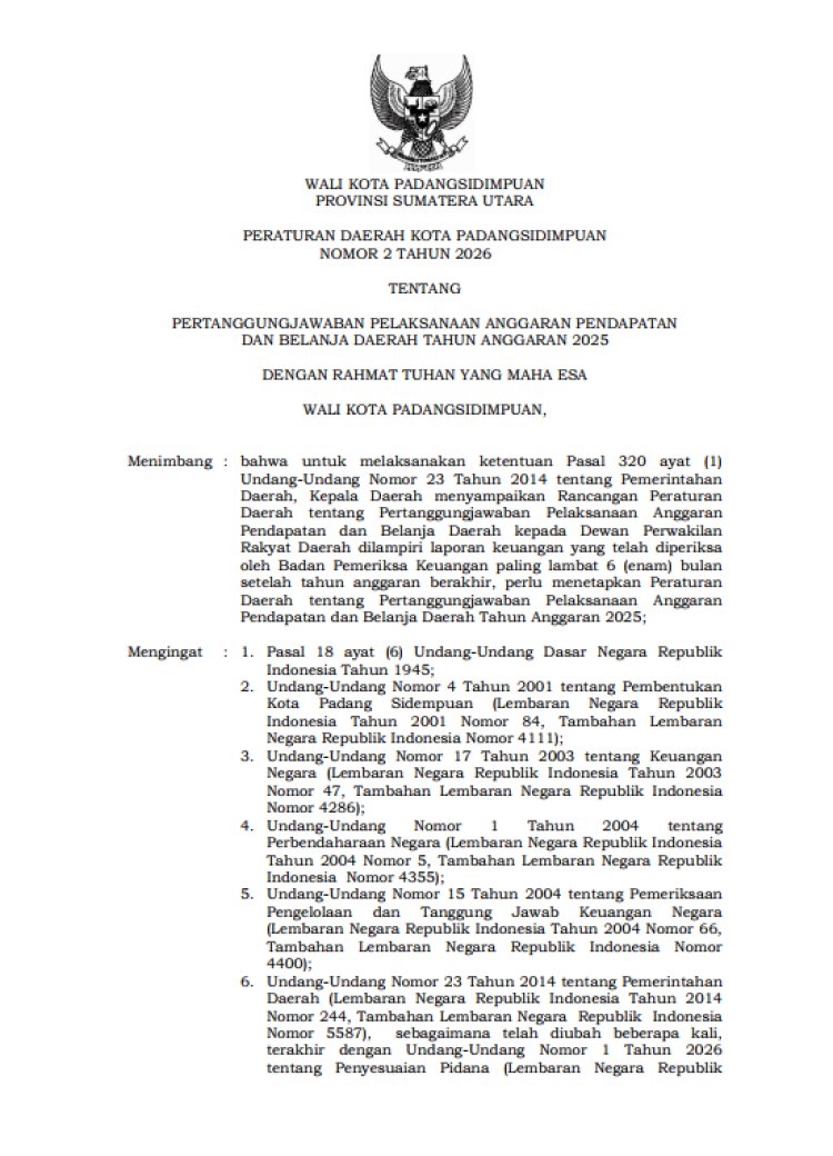 PERDA Pertanggungjawaban Anggaran Tahun 2025